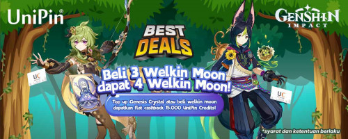 Bonus Welkin Moon Plus Flat Cashback 15.000 UniPin Credits Menantimu di UniPin!